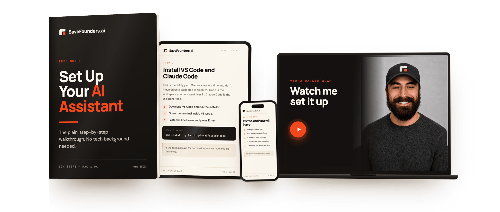 The Set Up Your AI Assistant guide — book, tablet, phone and Charlie's video walkthrough