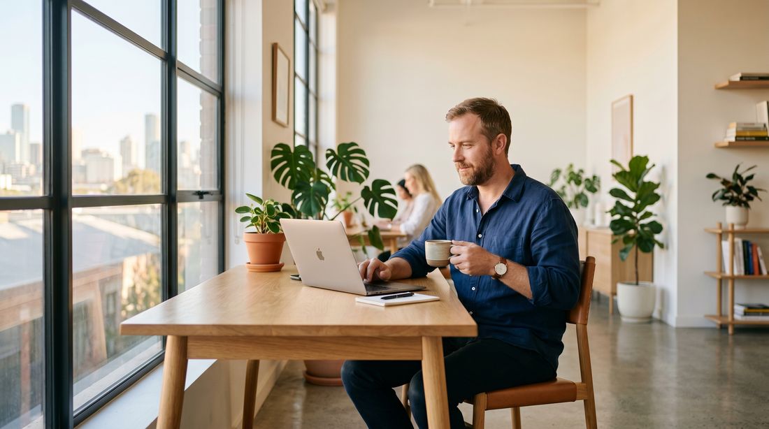 A founder working calmly at a sunlit desk